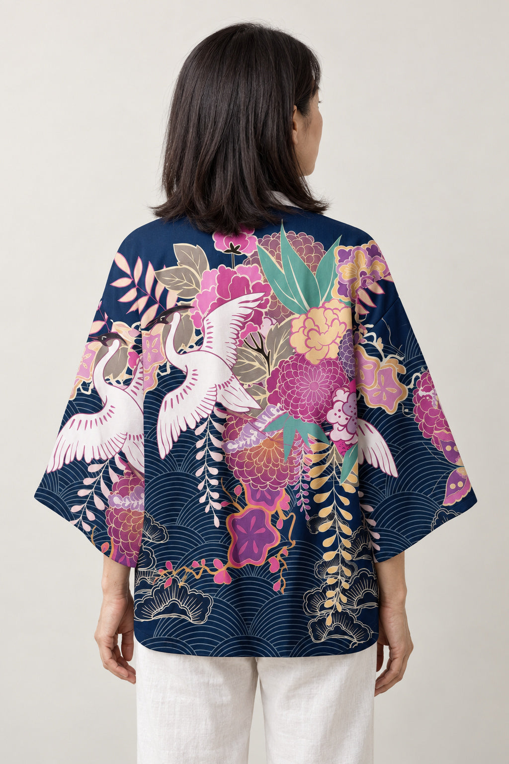 Women's Magenta Haori Kimono 'Yoiyami' – back view of women's haori showing the magenta floral and crane print