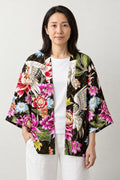 Women's Peony Haori Jacket 'Hyakka' – black women's haori jacket with pink peony, chrysanthemum and crane print, Japanese kimono style cardigan, front view on model