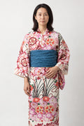 Women's Pink Japanese Kimono 'Nobana' – cream women's kimono with pink and red wildflower print and teal obi belt, traditional Japanese yukata, front view on model