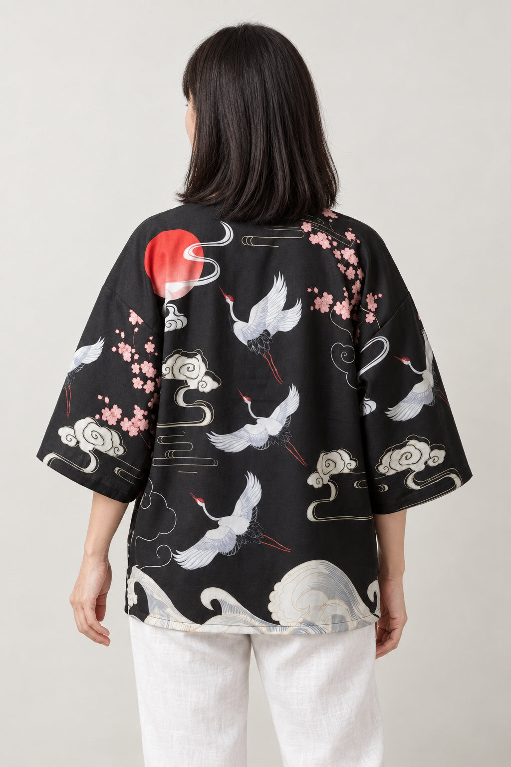 Women's Red Sun Kimono Jacket 'Hatsuhi' – back view of black kimono jacket showing the red rising sun, cranes and clouds print