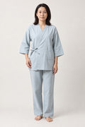 Women's Sky Blue Japanese Pyjamas 'Mizuiro' – sky blue women's Japanese pyjamas with side-tie wrap top, jinbei style loungewear set, front view on model