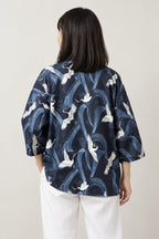 Women's Tonal Navy Kimono Jacket 'Aonami' – back view of navy kimono jacket with tone-on-tone waves and cranes print