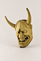 Wooden Oni Mask 'Kiboku' – side view of the wooden oni mask showing the length of the horns