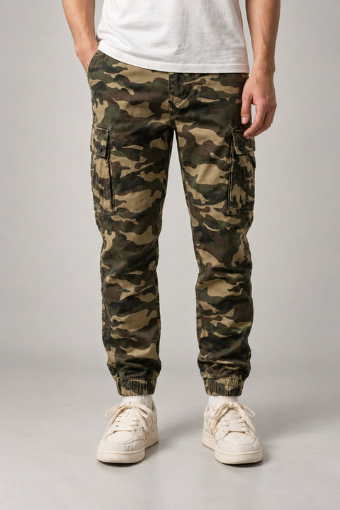 Woodland Camo Cargo Joggers 'Shinrin' – woodland camouflage cargo joggers with cuffed hem, Japanese streetwear trousers, front view on model