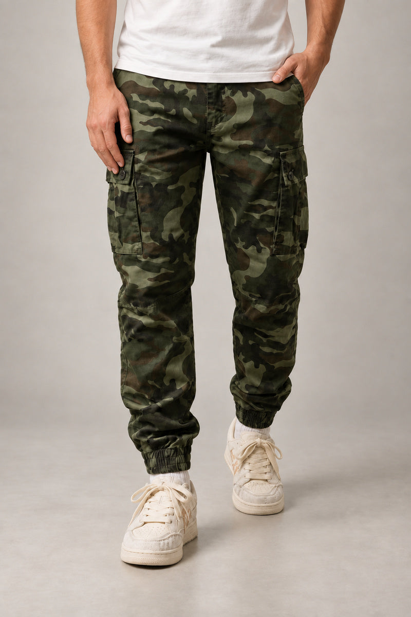 Woodland Camo Cargo Joggers 'Shinrin' – dark green camo version of the cargo joggers, front view on model