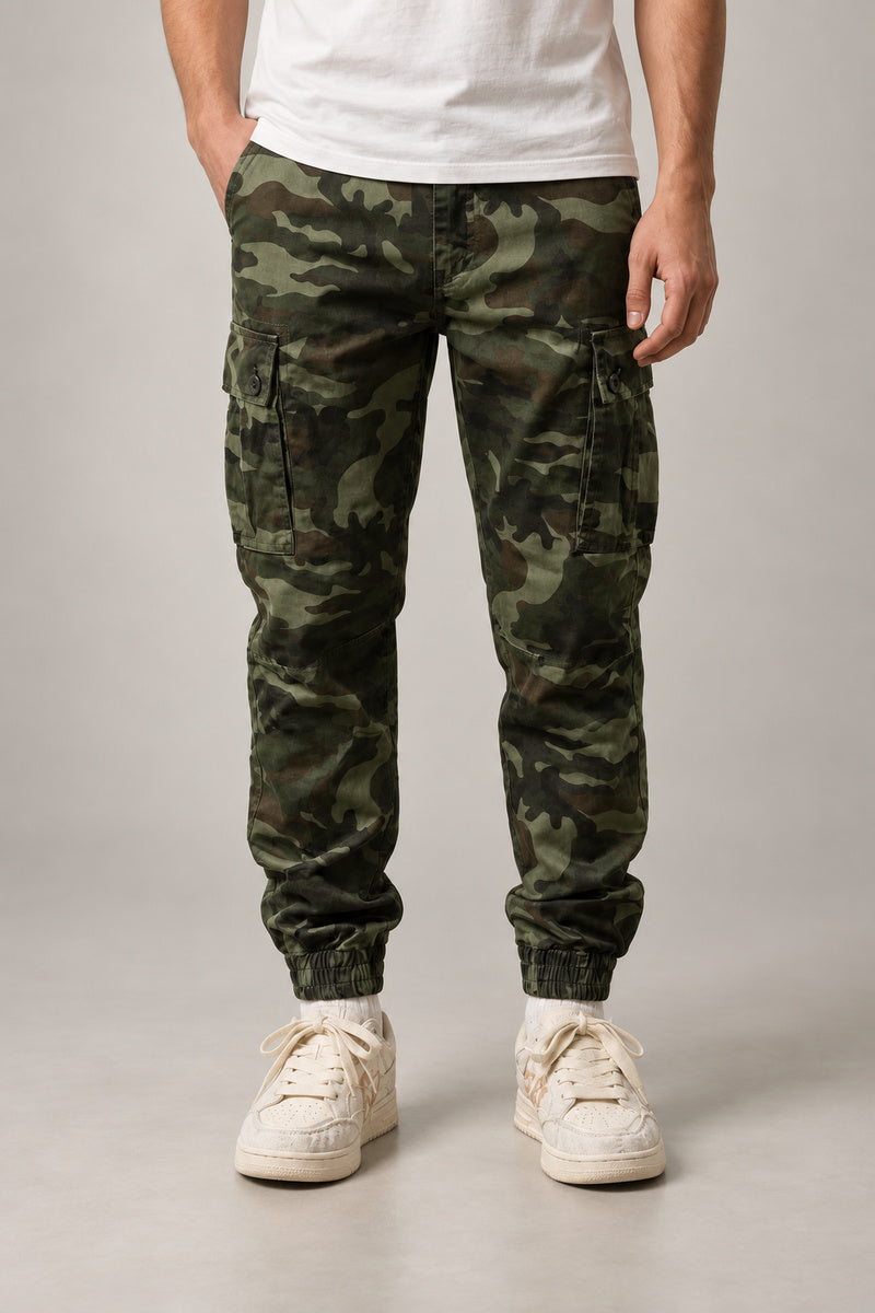 Woodland Camo Cargo Joggers 'Shinrin' – olive camo cargo joggers with side pockets, front view on model