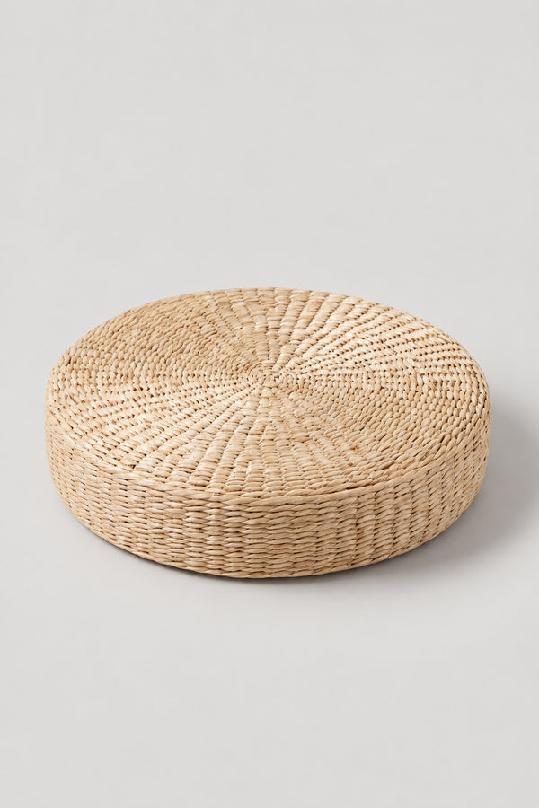 Woven Straw Zafu Cushion 'Enza' – thick round woven straw zafu meditation cushion, Japanese temple seat cushion, studio view