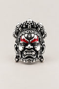 Wrathful Deity Ring 'Myoo' – stainless steel wrathful deity ring with fierce face, skull crown and red eyes, Japanese myoo ring, studio view