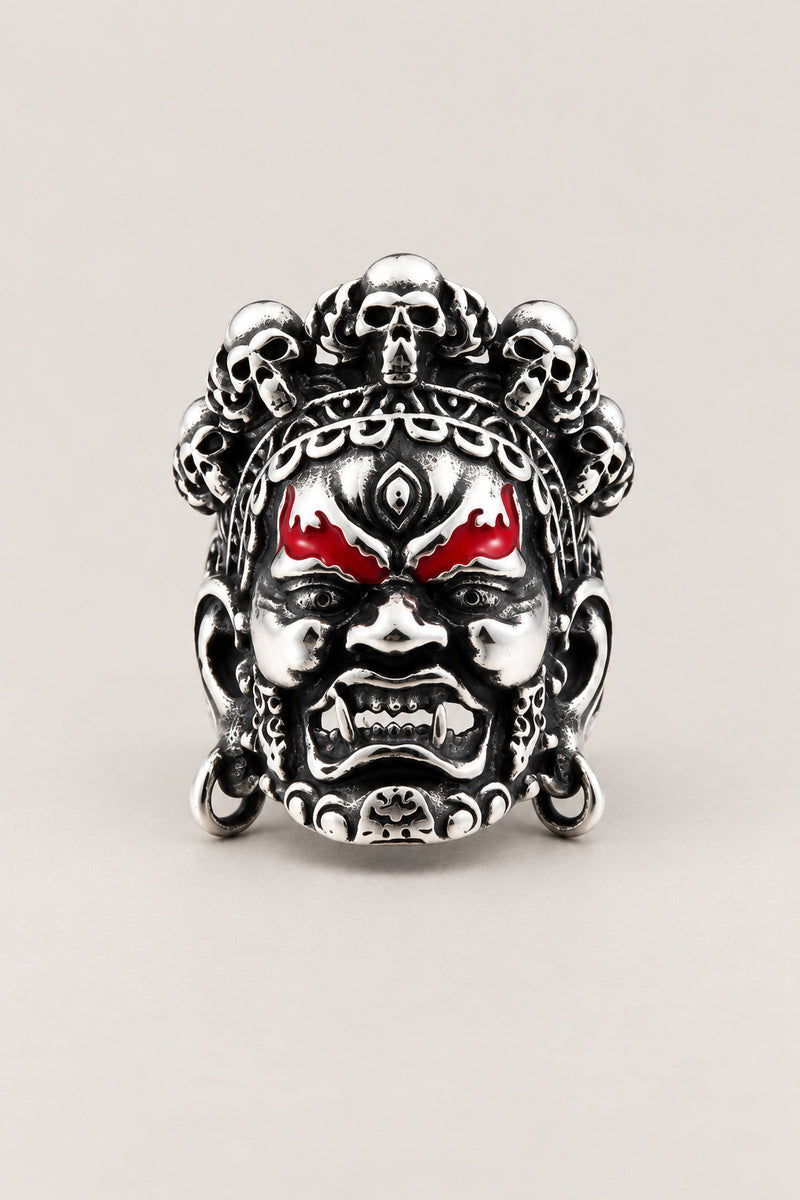 Wrathful Deity Ring 'Myoo' – stainless steel wrathful deity ring with fierce face, skull crown and red eyes, Japanese myoo ring, studio view