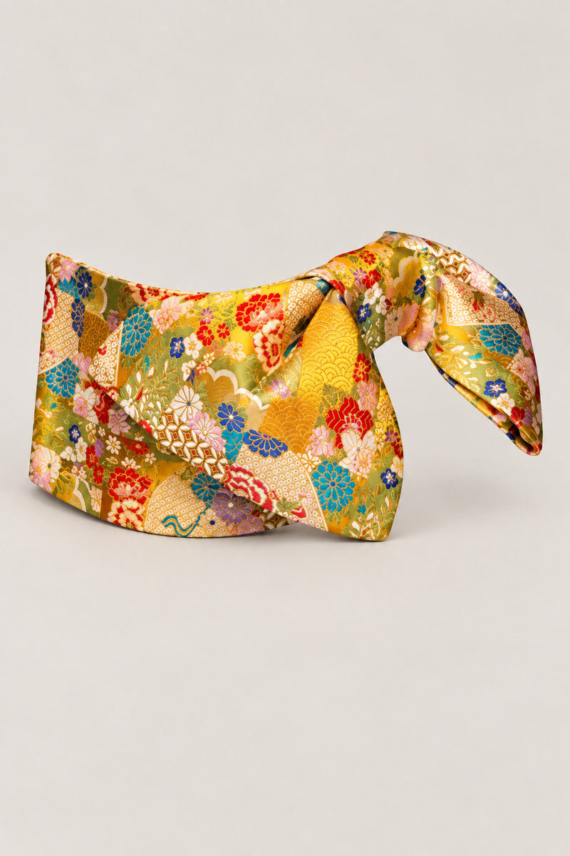 Yellow Obi Belt 'Kogane-iro' – yellow brocade obi with flowers, fans and clouds in red, blue and green, wide pre-tied brocade obi belt with sewn bow for women's kimono or yukata, studio view