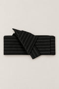 Yukata Obi Belt 'Tobishima' – black obi belt with white pinstripes in groups, narrow pre-tied Japanese obi belt with sewn knot and hidden adjustable closure, for kimono, yukata or jinbei, studio view